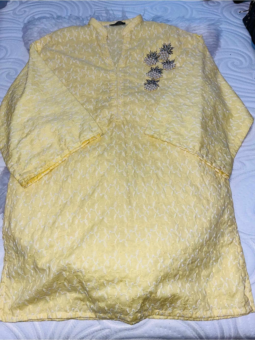 Yellow Embroidered Women's Tunic with Beaded Accents